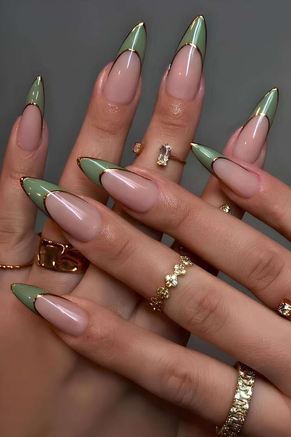 Green French tip mani with gold chrome outlines