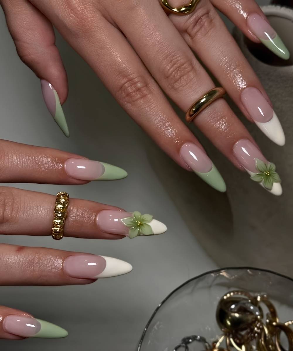 Green and white nails with 3d florals