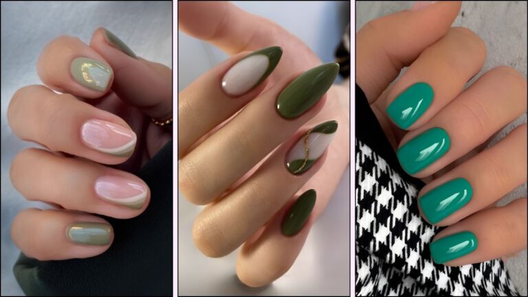 A collage of green nail designs