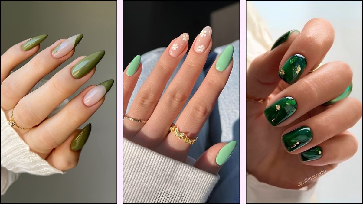 A collage of green nail theory designs