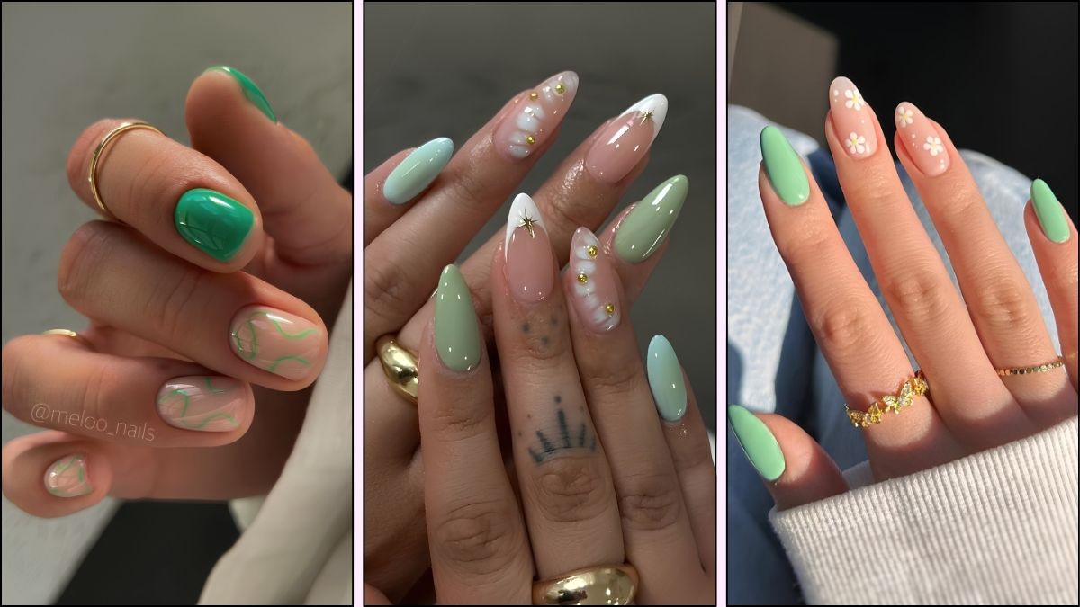 A collage of green spring nail designs