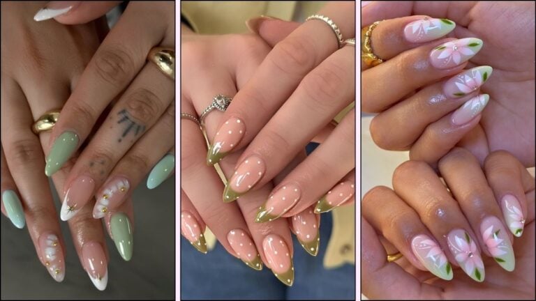 A collage of green nail designs for spring