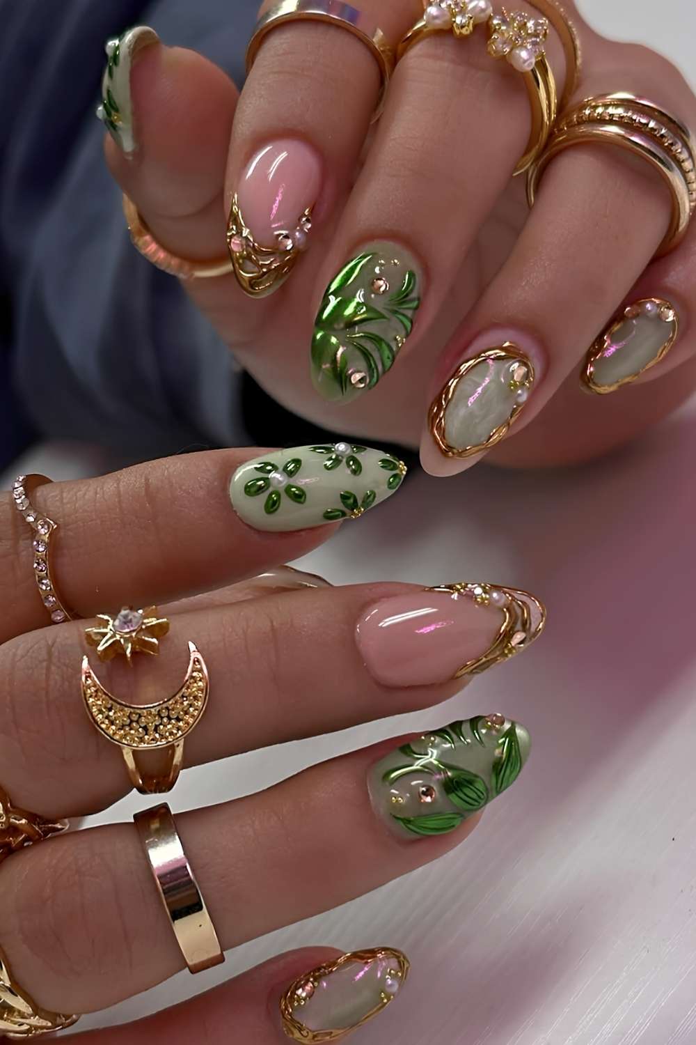 Green spring nails with gold detailing