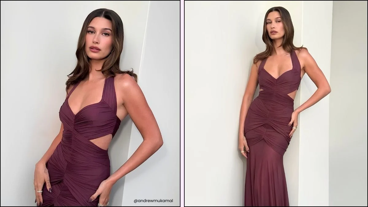 A collage of Hailey Bieber's Fashion trust awards outfit