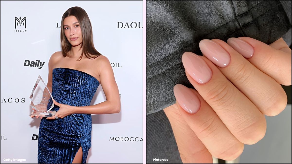 A collage of Hailey Bieber's lip gloss nails