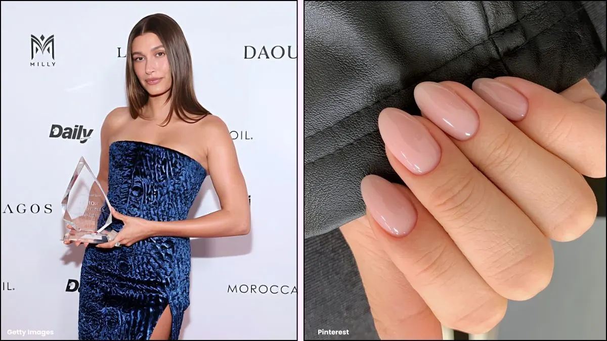 A collage of Hailey Bieber's lip gloss nails