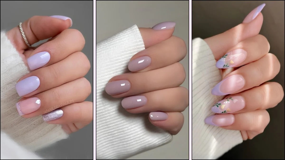 A collage of lavender nail designs
