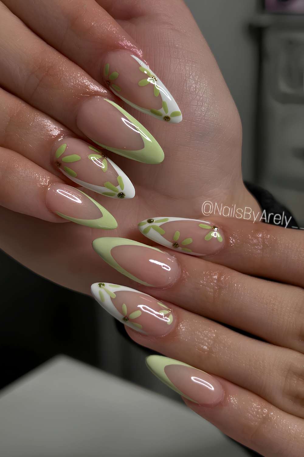 Matcha green and white floral French mani