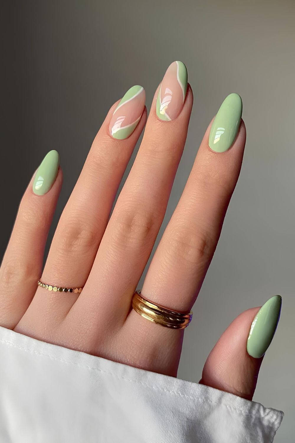 Matcha green nails with swirls