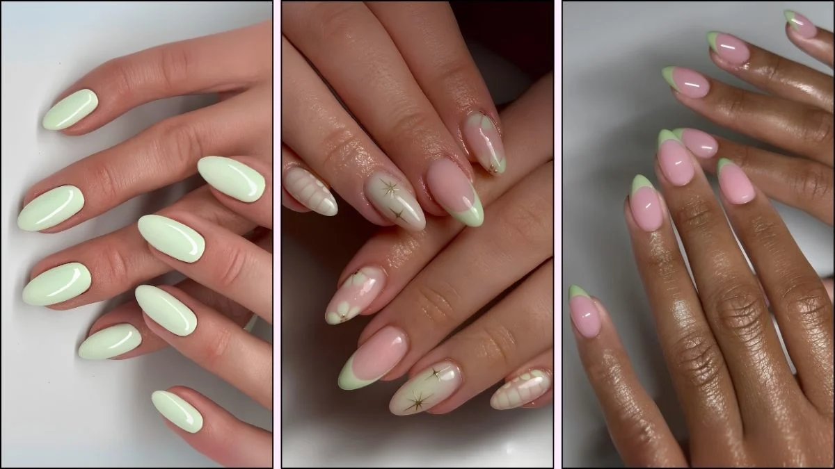 A collage of mint green nail designs