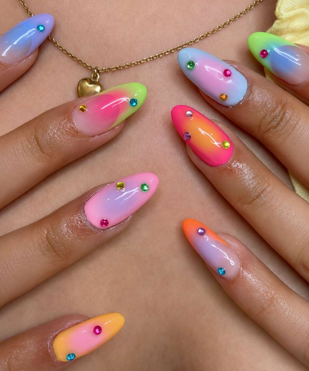 Multicolor aura nails with gem accents