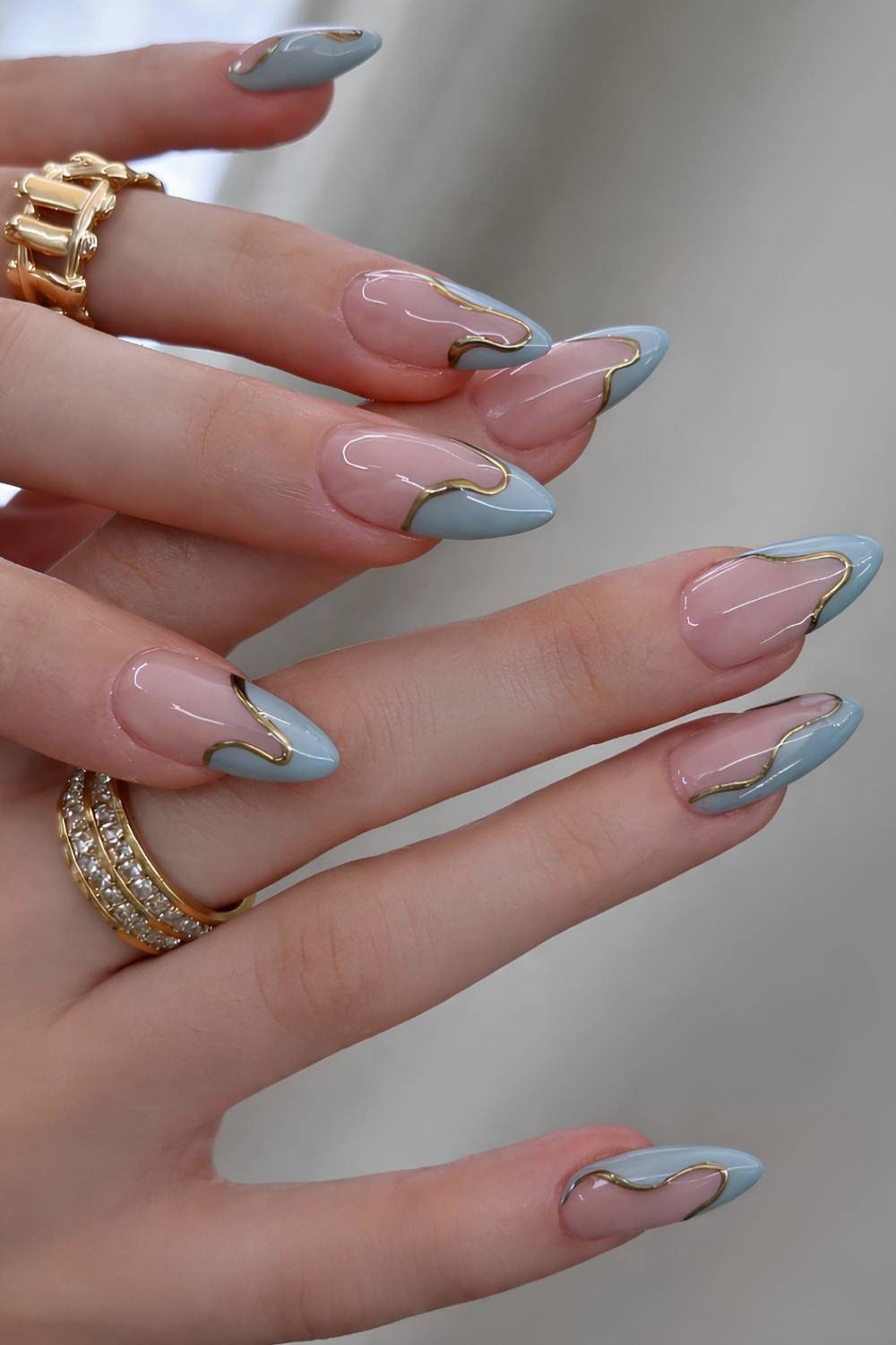 Muted blue abstract French nails