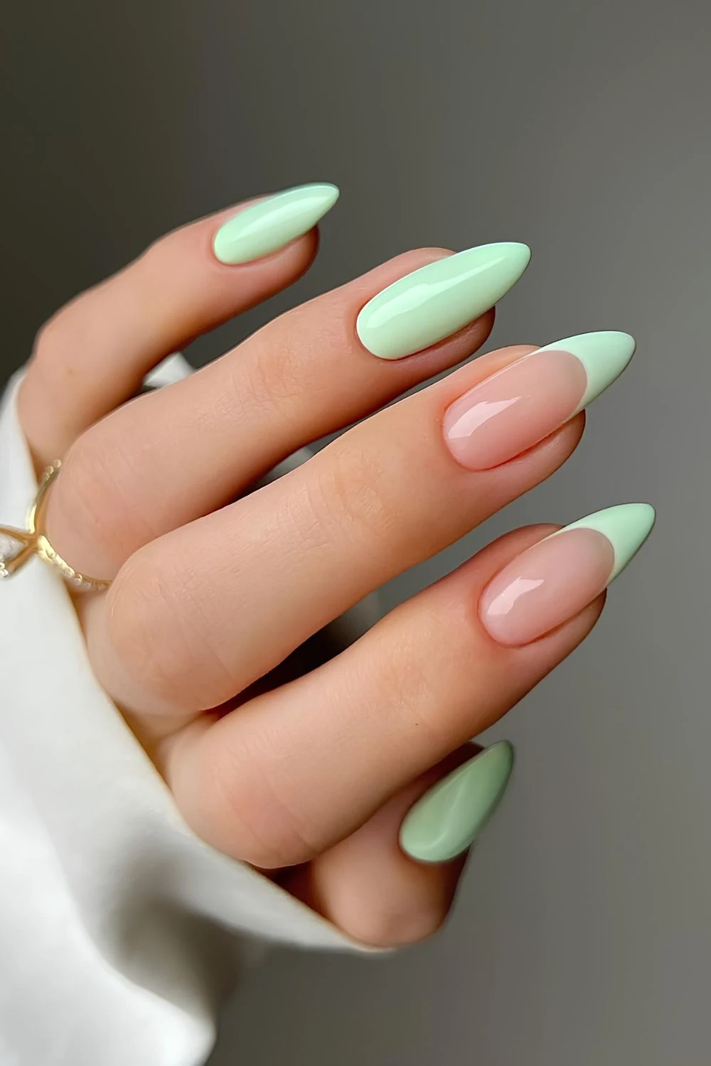 Pastel green French and solid mix nails