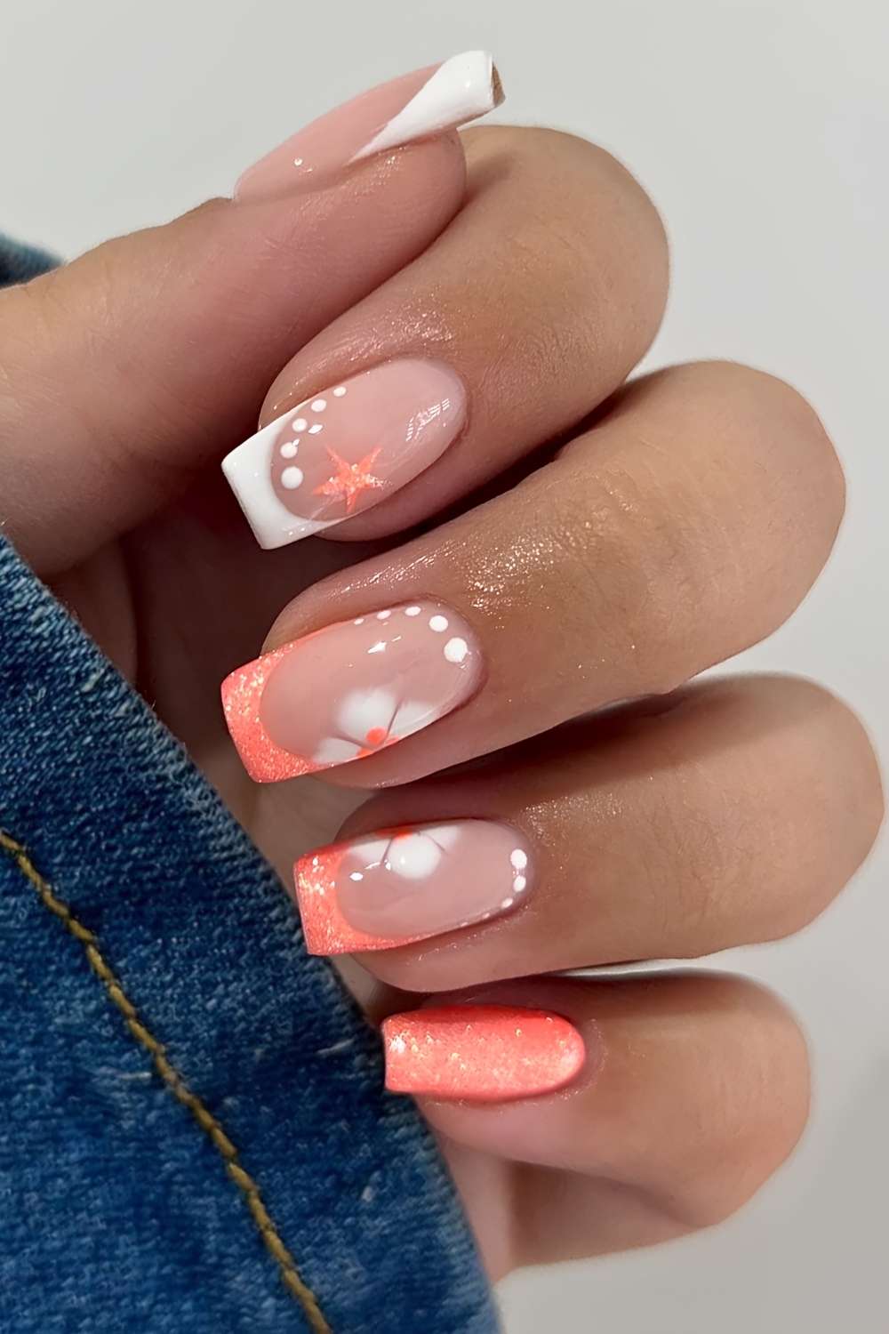 Peach and white mani with beach themed art