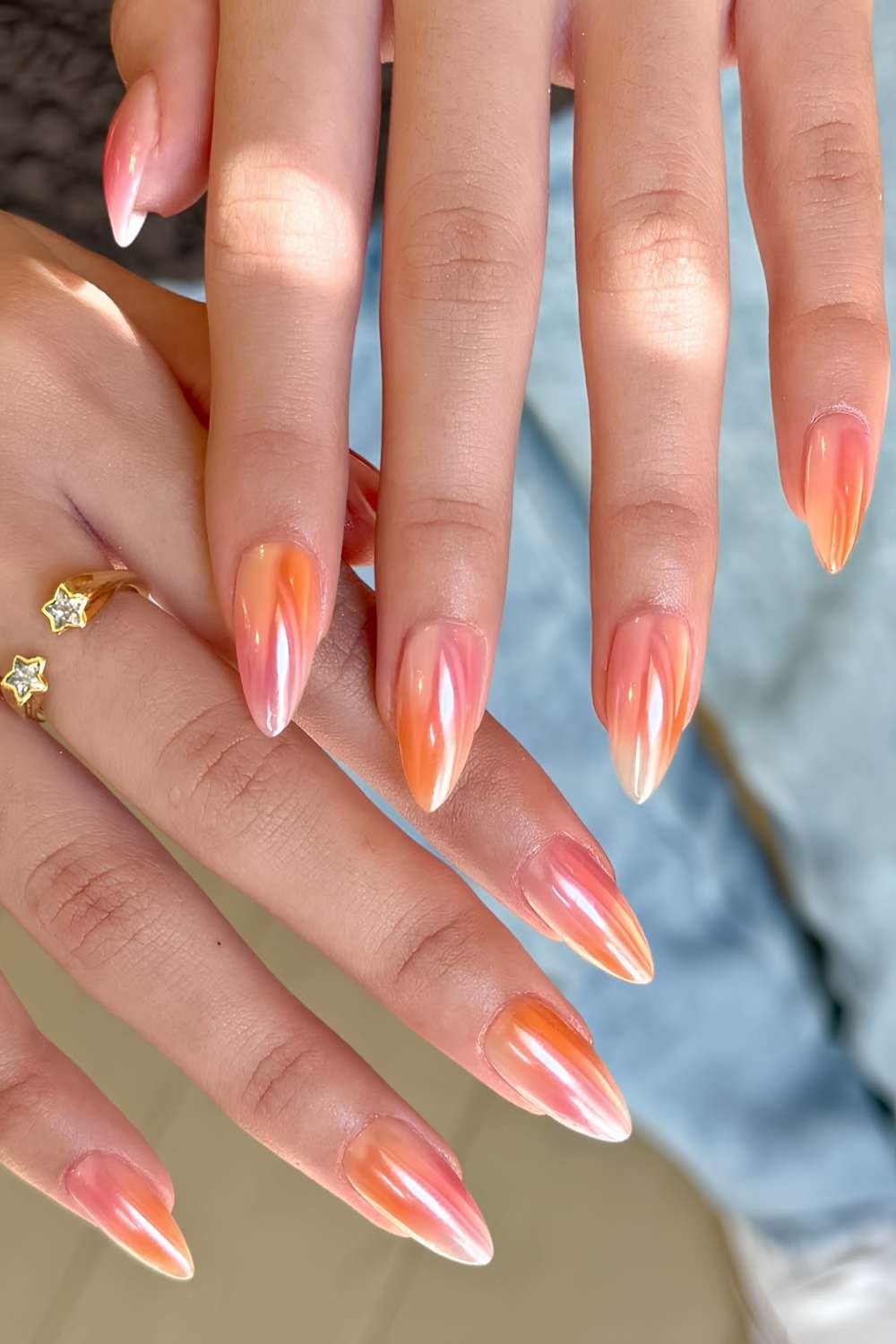 Peach chrome effect mani