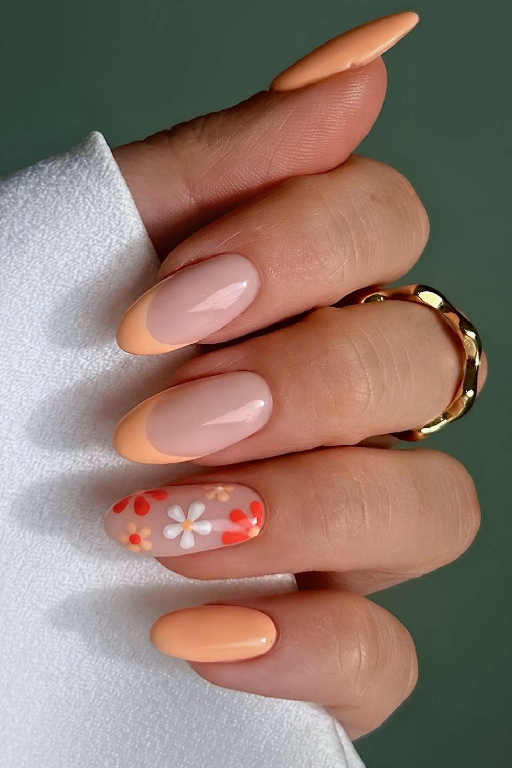Peach mani with red floral art