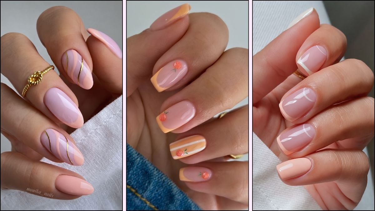 A collage of peach nail designs