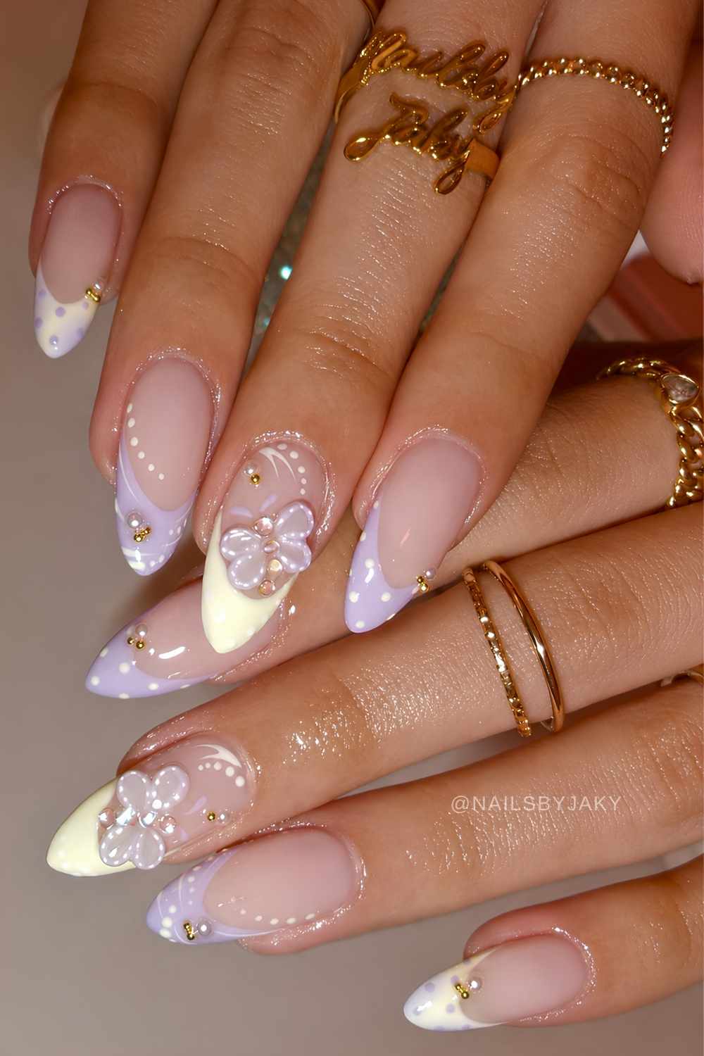 Pink and yellow French mani with dots and butterflies