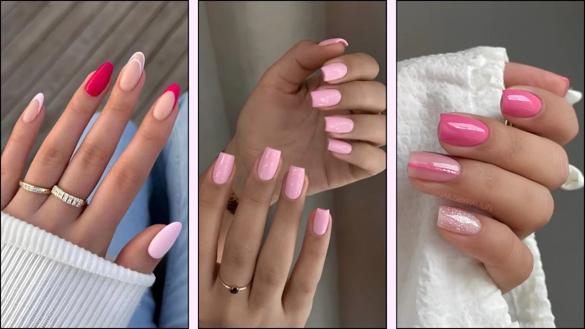 A collage of pink nail theory designs