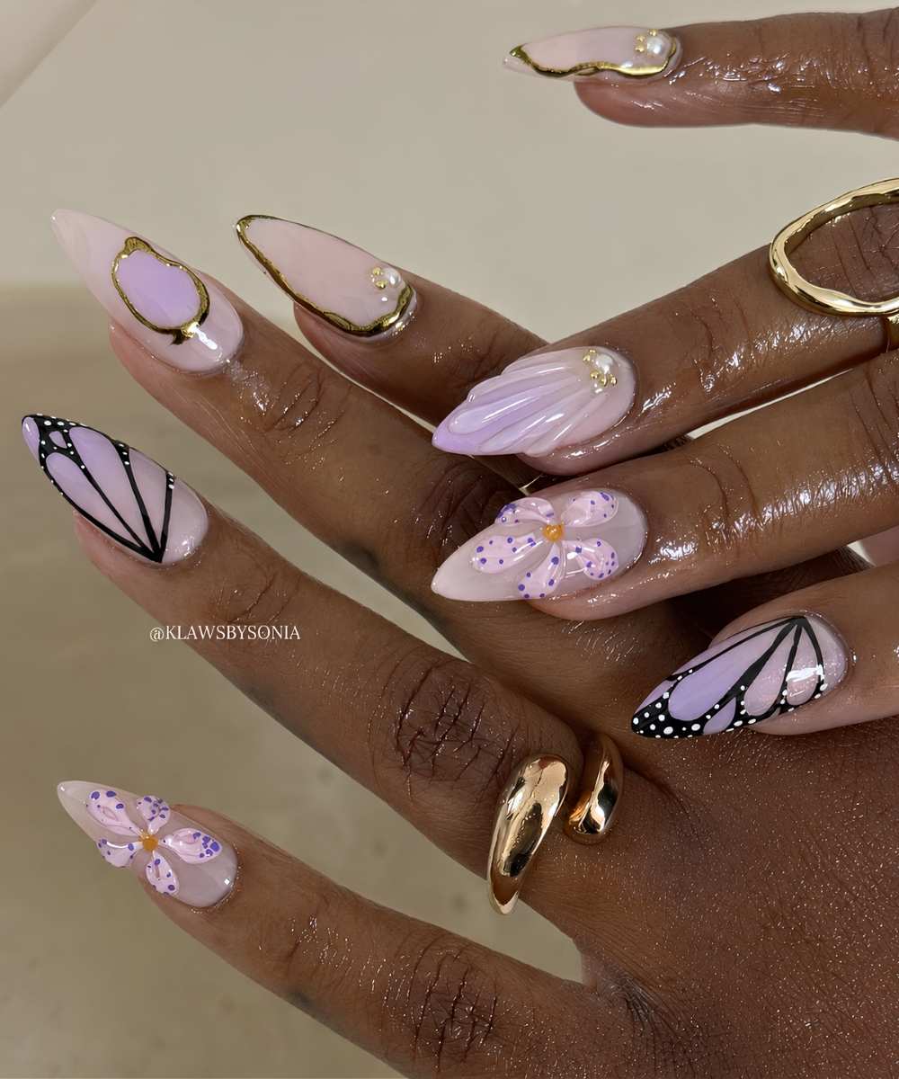 Purple mani with butterflies and flowers