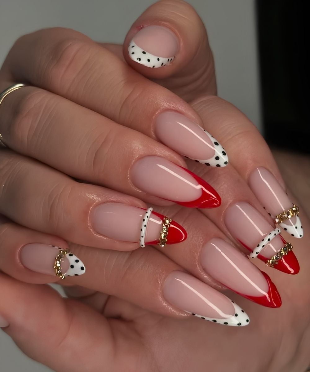 Red and white French nails with bangle art