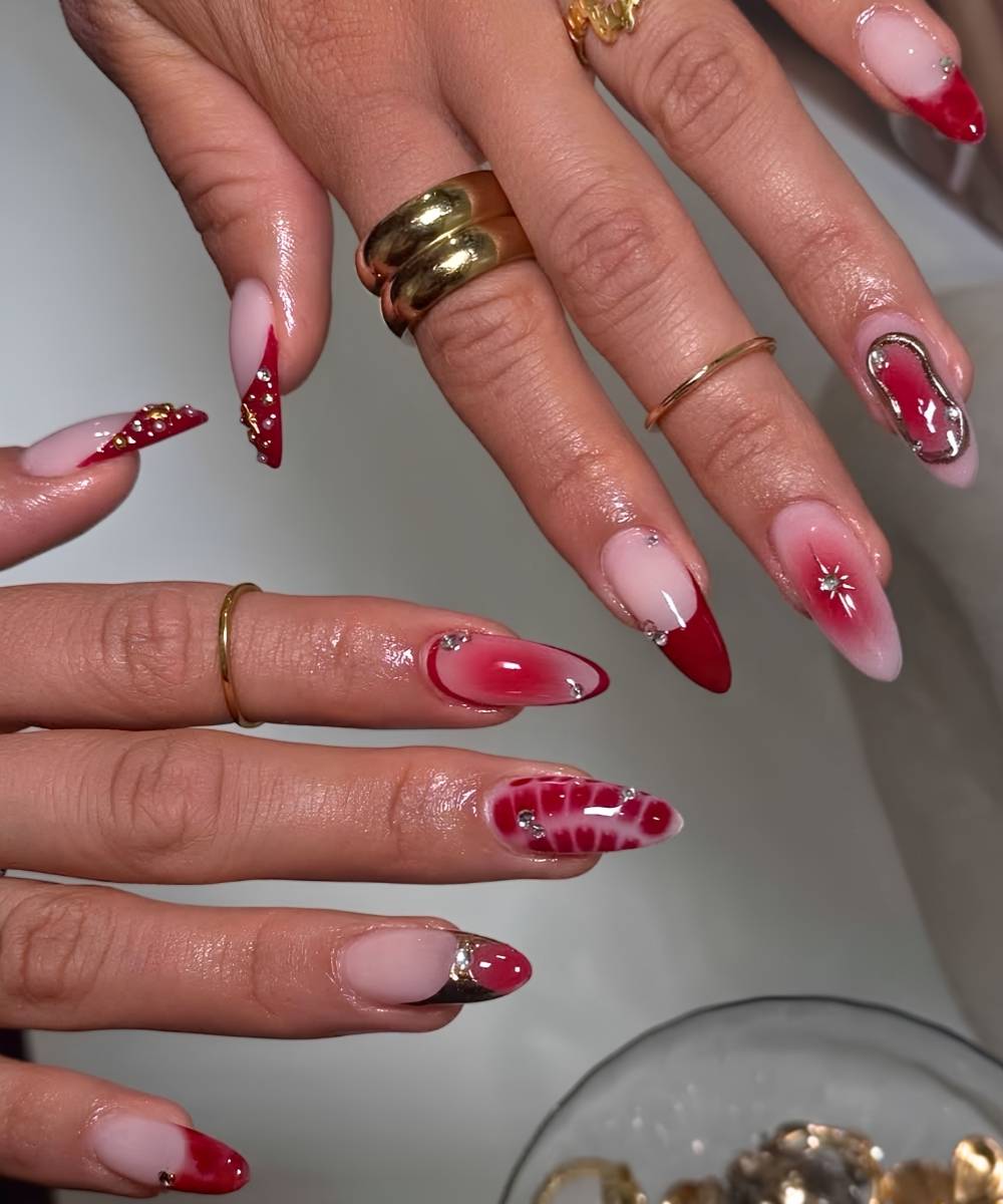 Red mix and match mani with metallic details