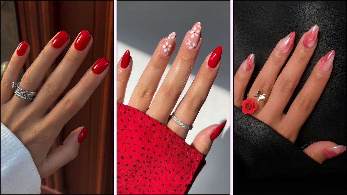 A collage of red spring nails