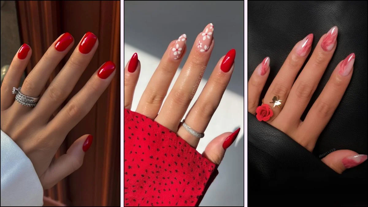 A collage of red spring nails
