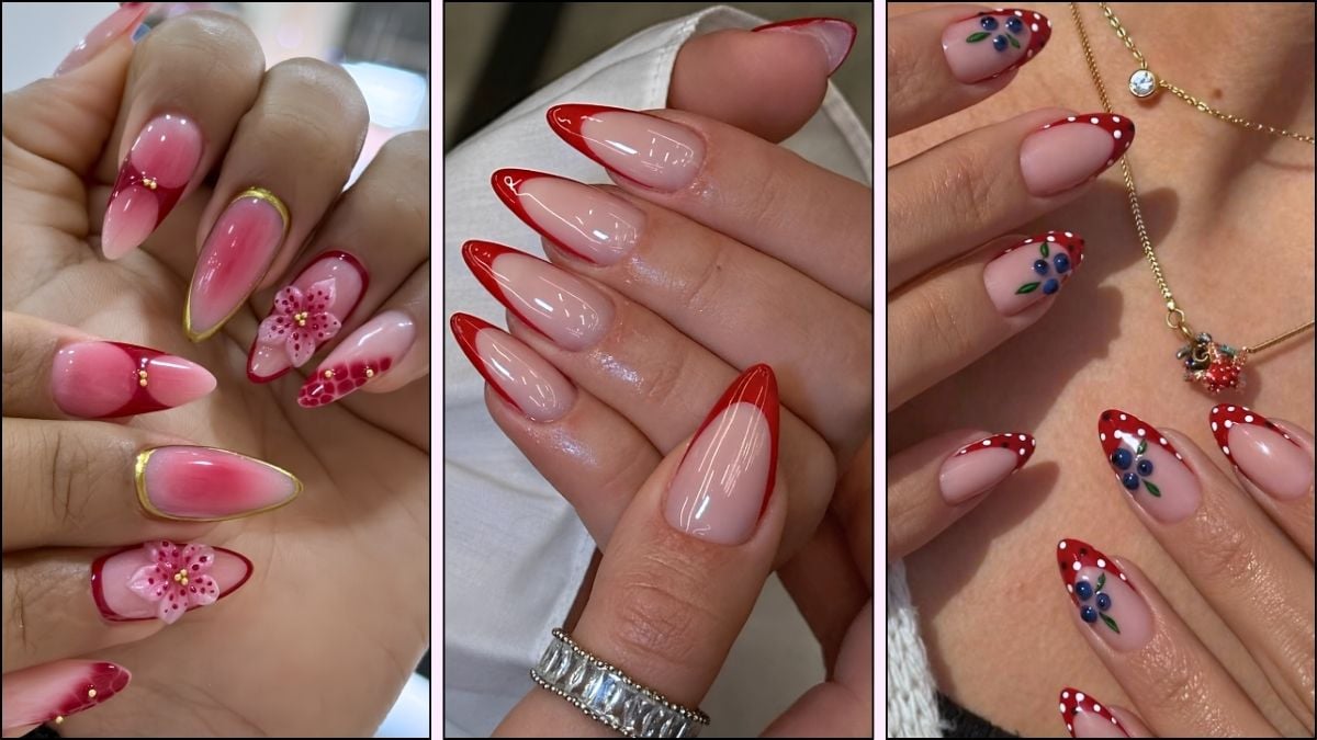 A collage of red nail designs for spring