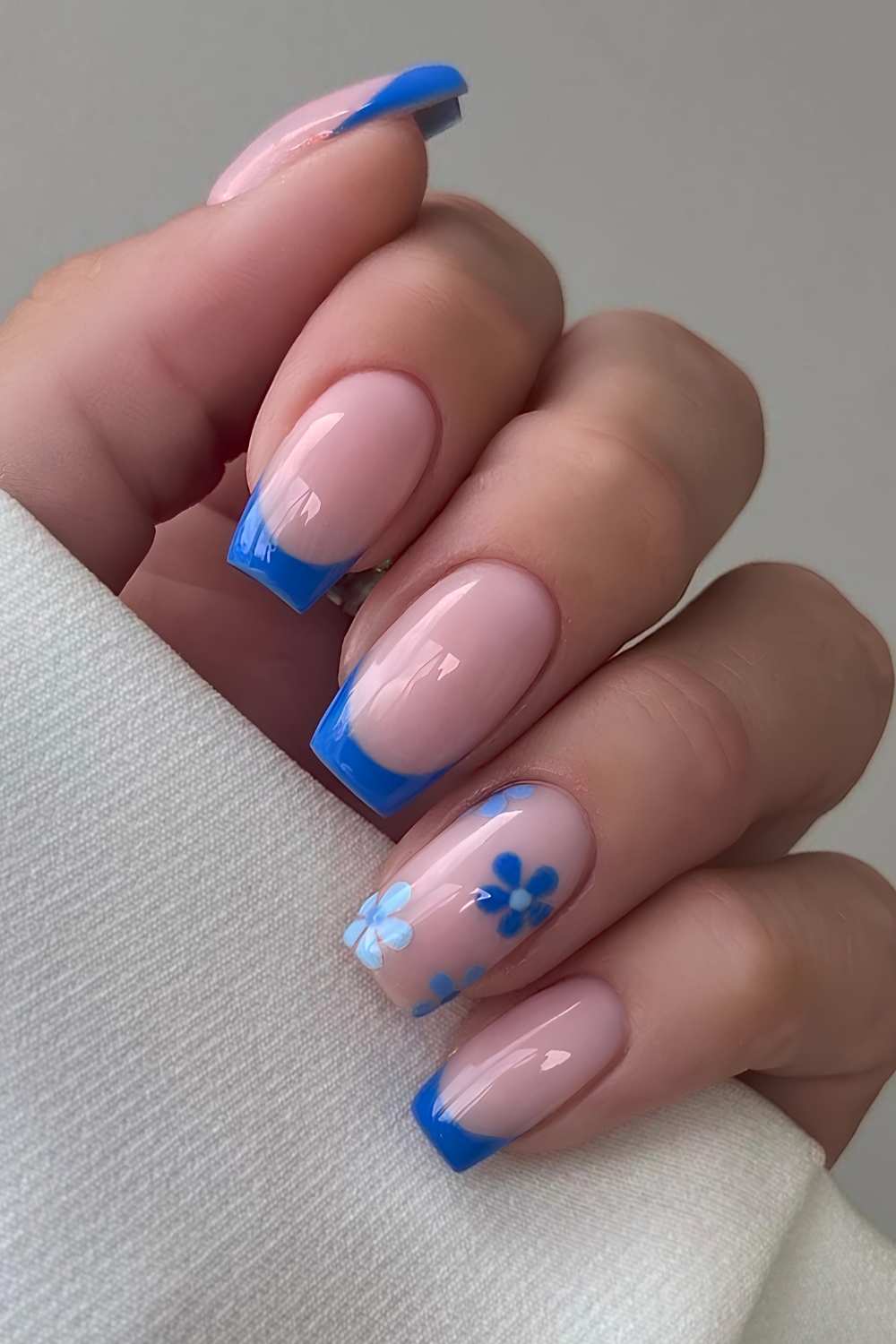 Royal blue floral French nails