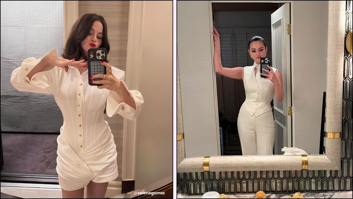A collage of Selena Gomez's bridal inspired outfits