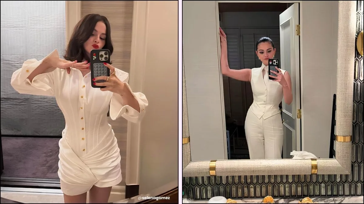 A collage of Selena Gomez's bridal inspired outfits