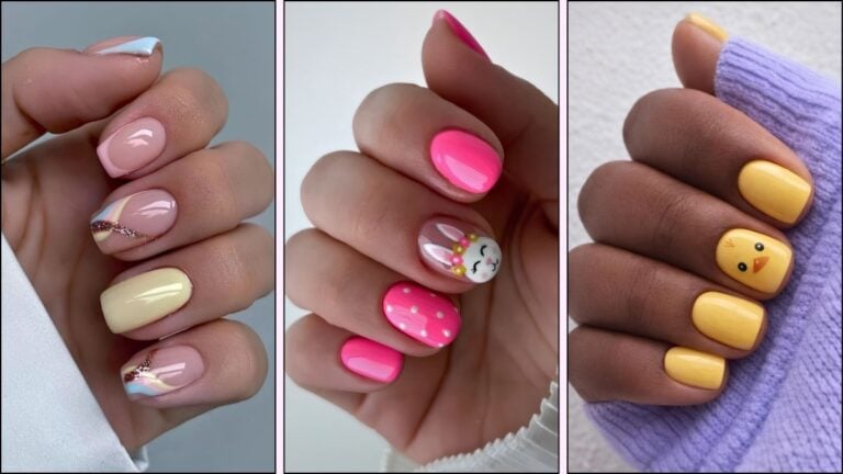A collage of short nail designs for Easter