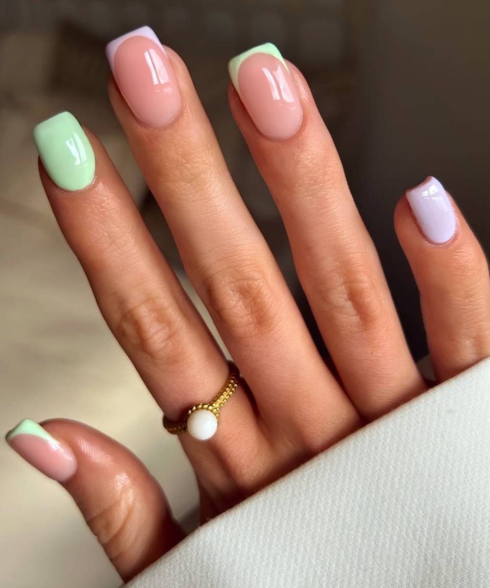 Short green and lavender manicure