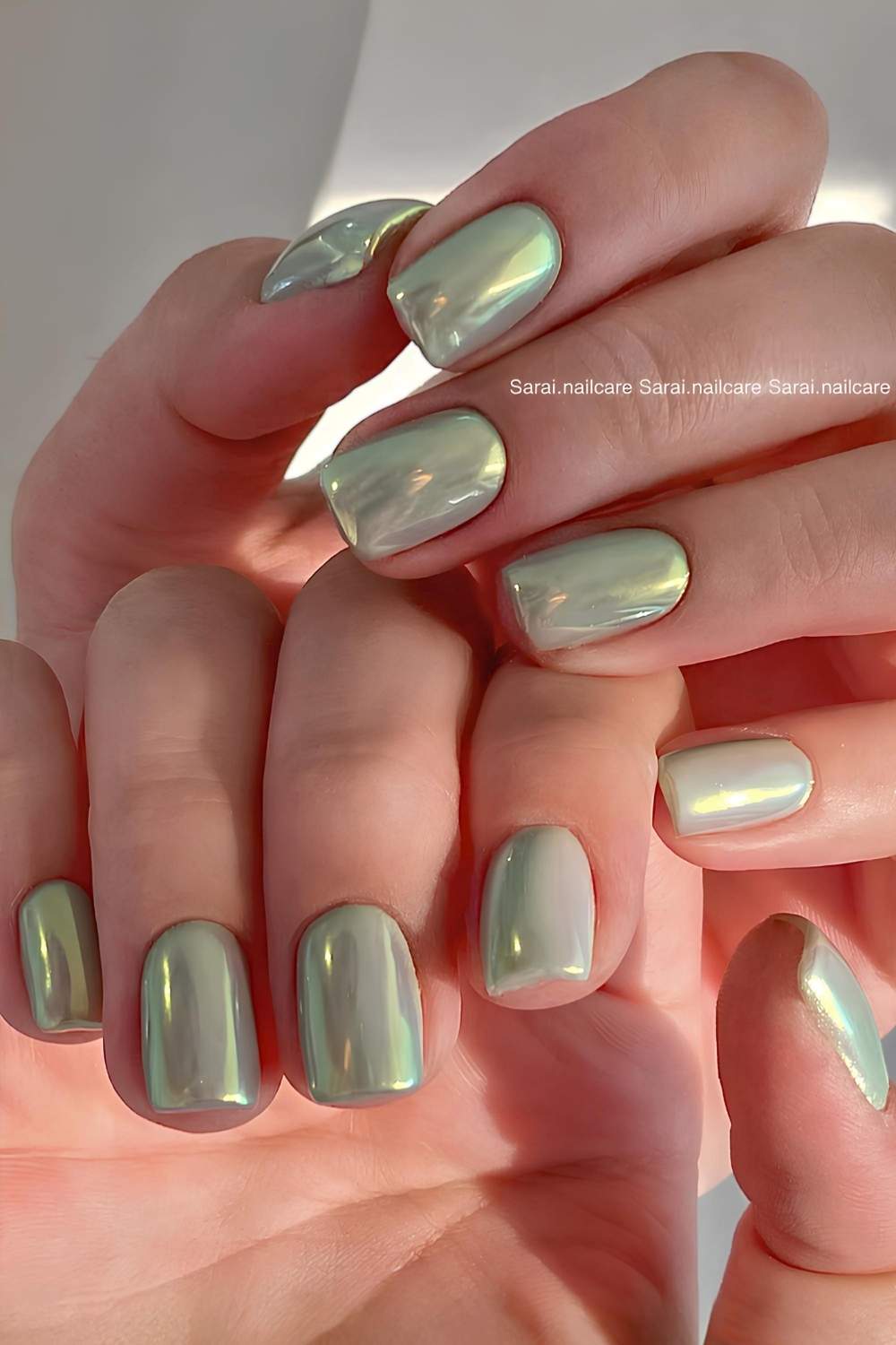 Short green chrome manicure