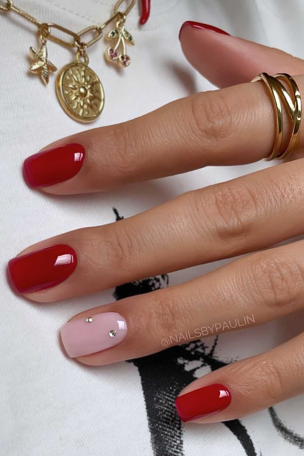 Short red mani with micro gems