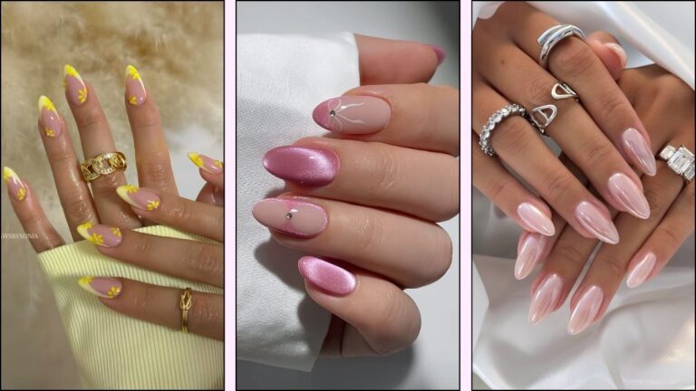 A collage of spring almond nail designs