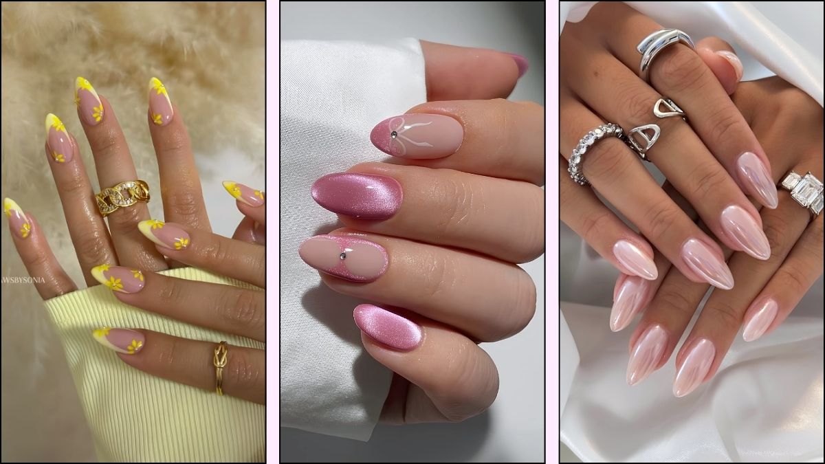 A collage of spring almond nail designs
