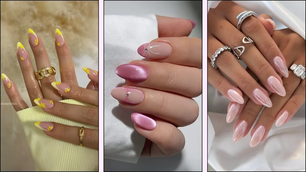 A collage of spring almond nail designs