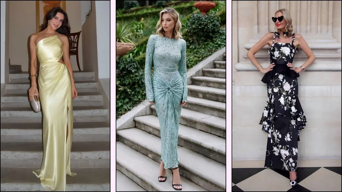 A collage of spring wedding guest dress ideas