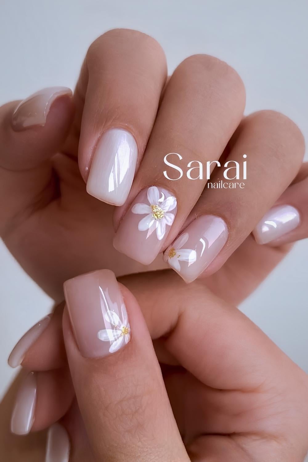 Square milky white mani with daisy art