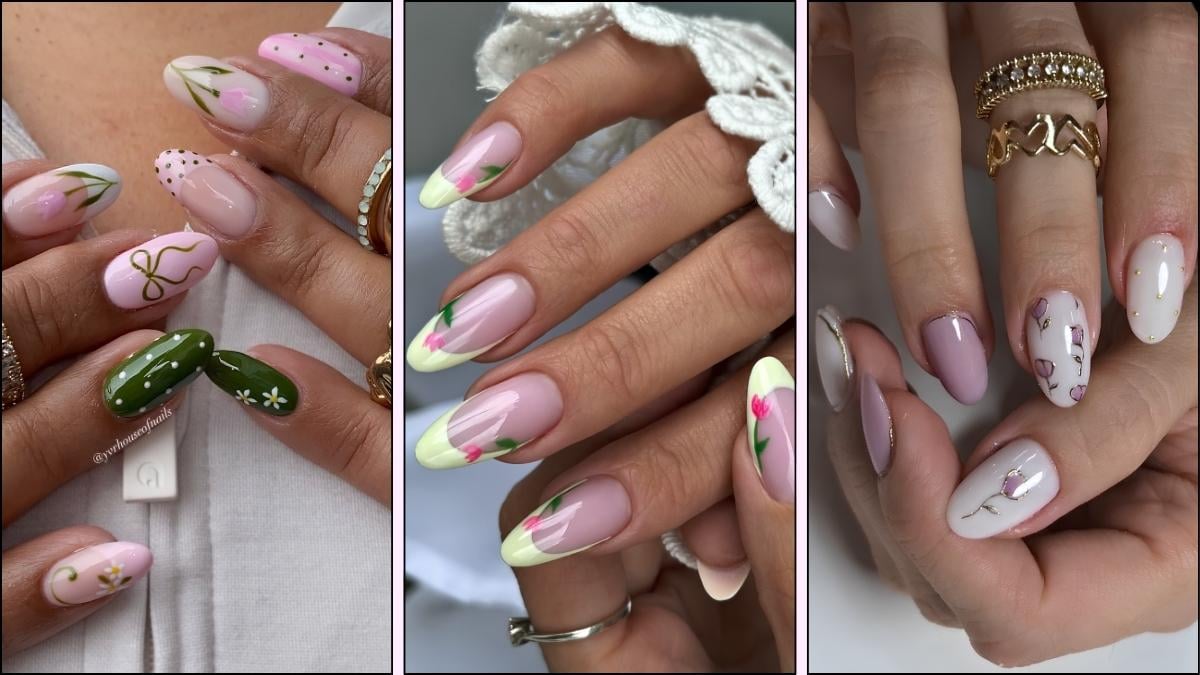 A collage of tulip nail art