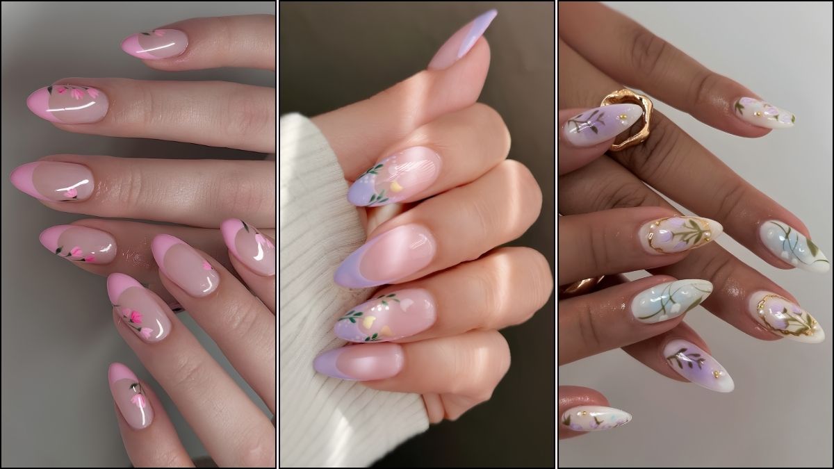 A collage of tulip nail art designs