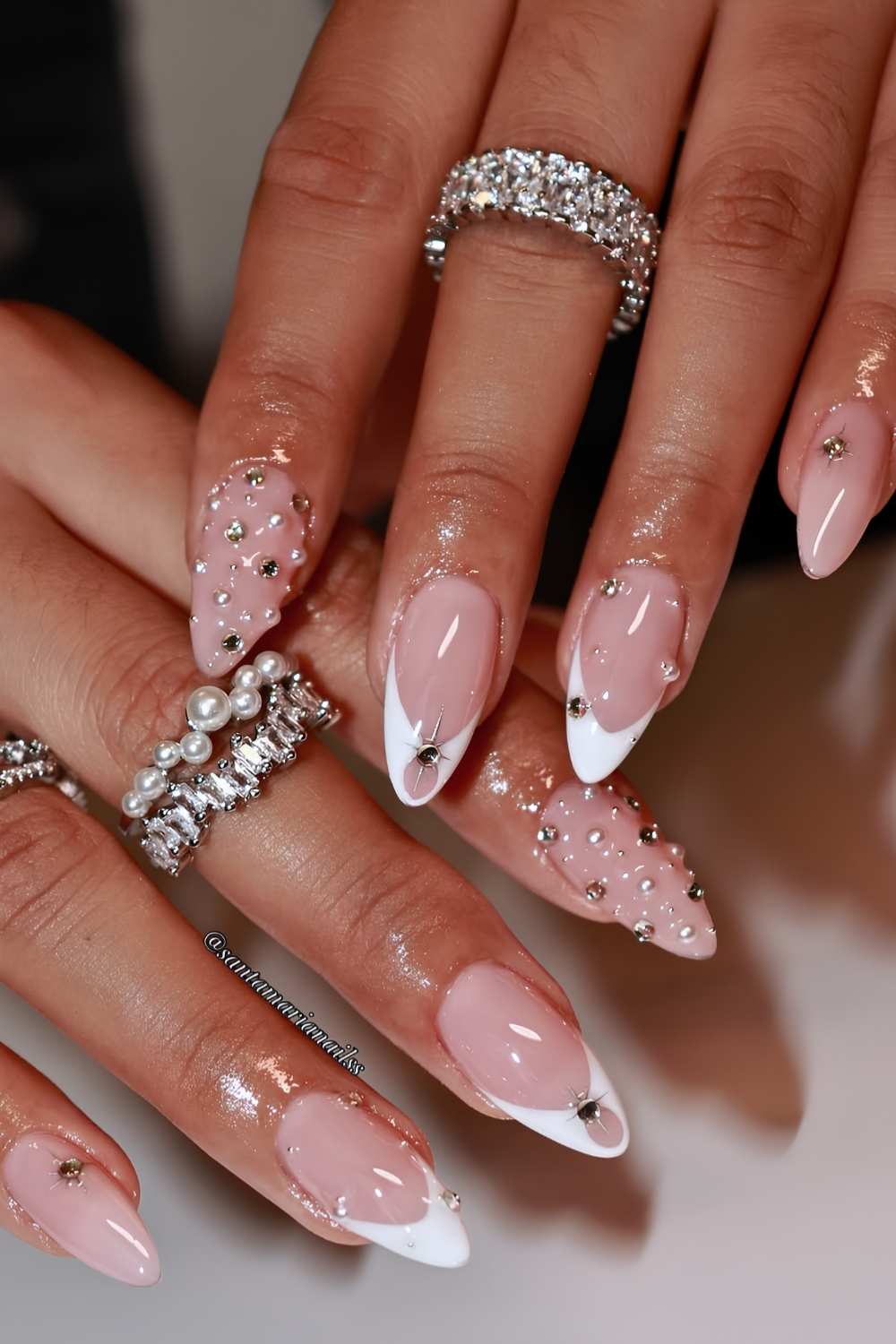 White French mani with micro gems and pearls