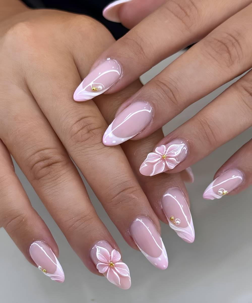 White and pink nails with dots and 3d flowers