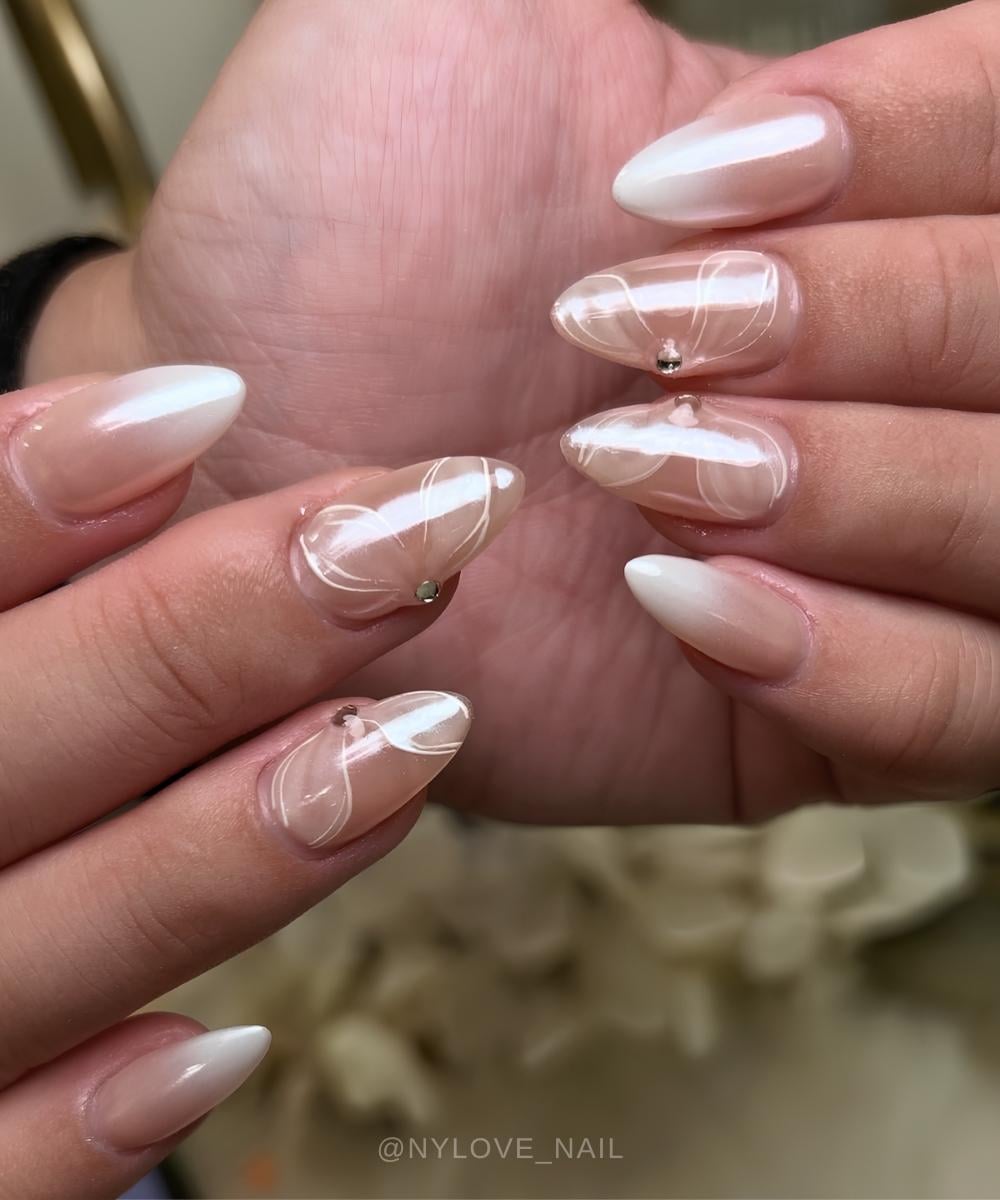 White chrome ombre mani with butterfly art