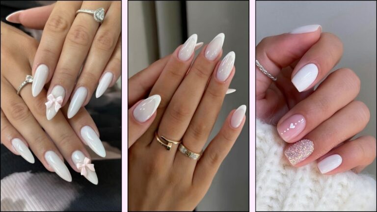 A collage of white nail designs