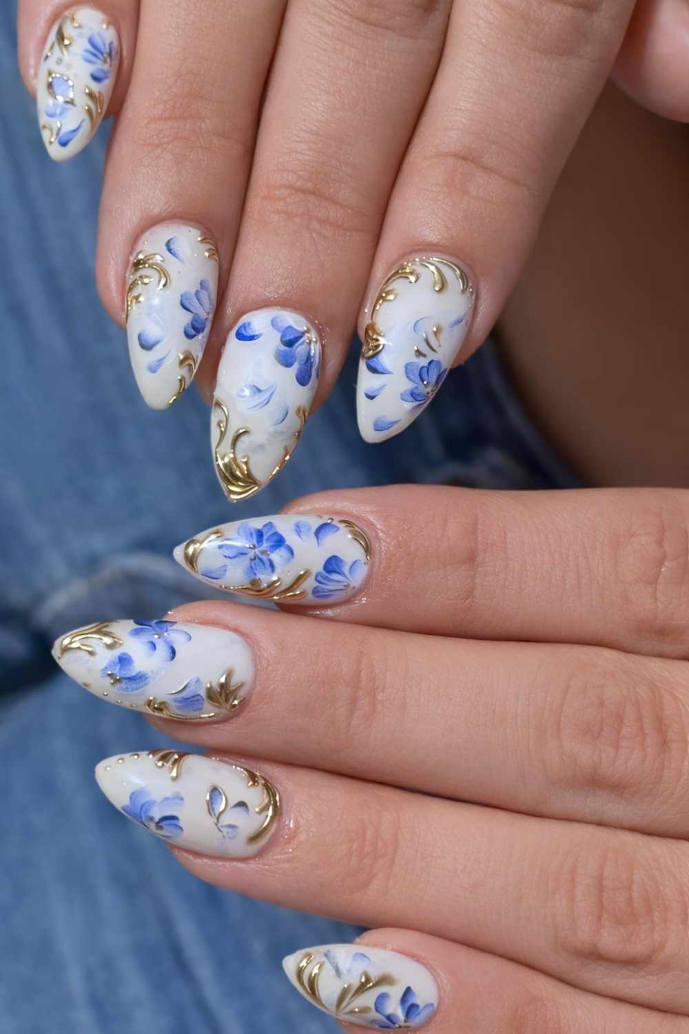 White nails with blue and gold vintage floral art