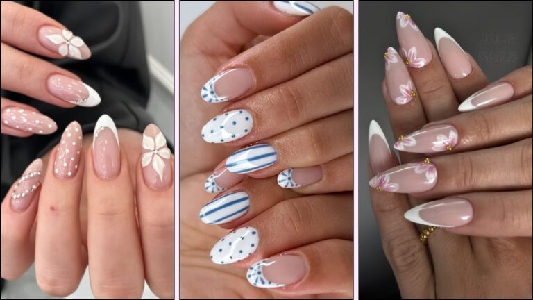 A collage of white nail designs for spring