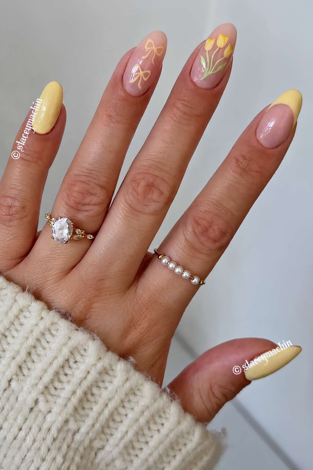 Yellow coquette nails with florals and bows
